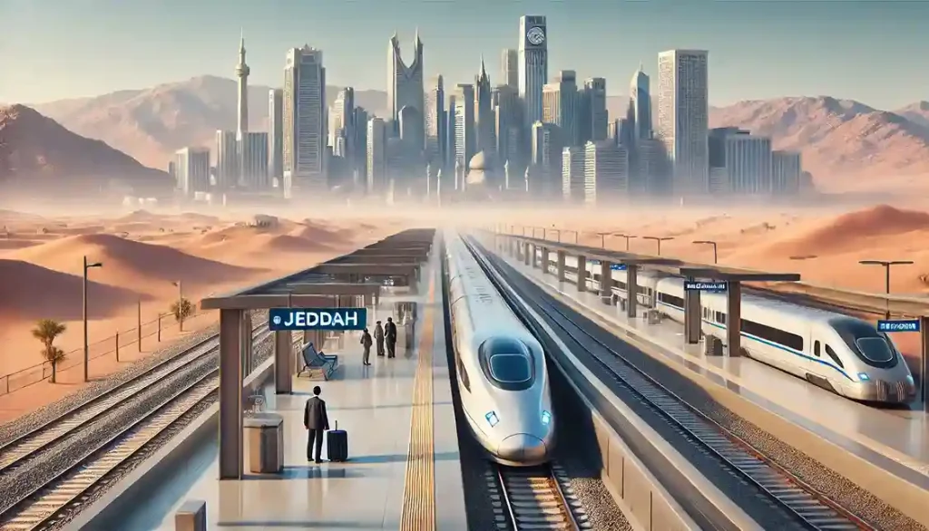 صورة لقطار الحرمين من جدة إلى مكة يسير عبر منظر صحراوي تحت سماء زرقاء صافية، مع محطة حديثة ومسافرين يحملون أمتعتهم استعدادًا للركوب
